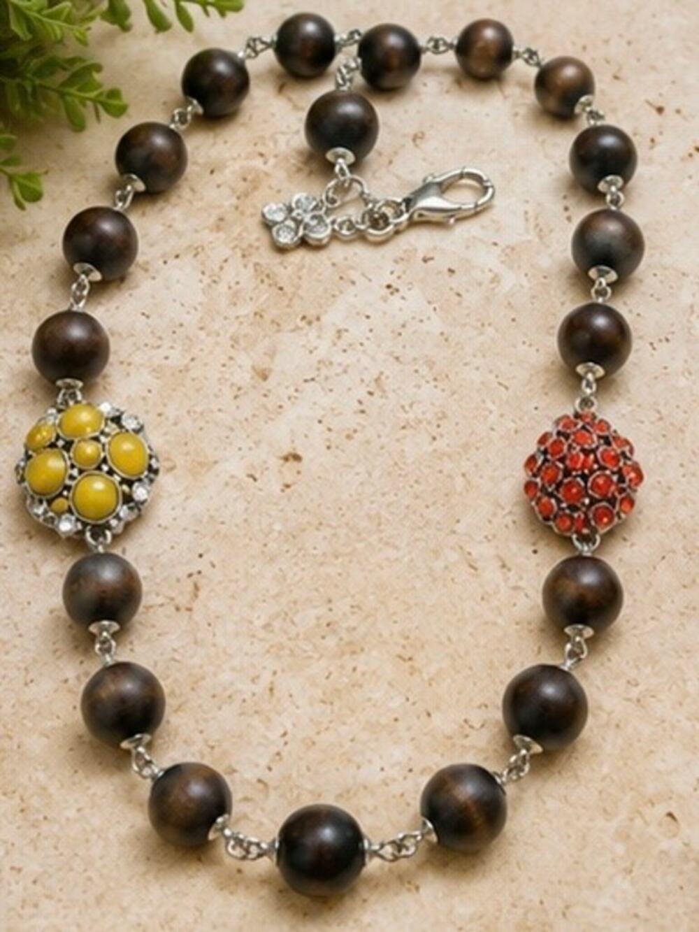 Vintage Fossil Wood Bead Rhinestone Necklace Boho 20” Brown Orange Yellow Signed